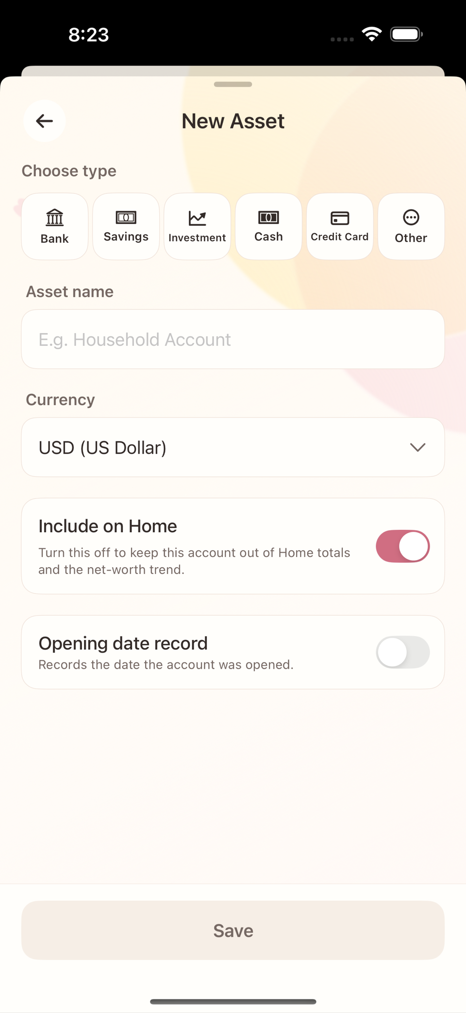 The six account types and the name field on the New Asset screen