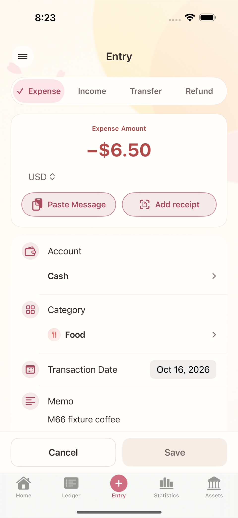 The Expense/Income/Transfer/Refund segments at the top of the entry screen