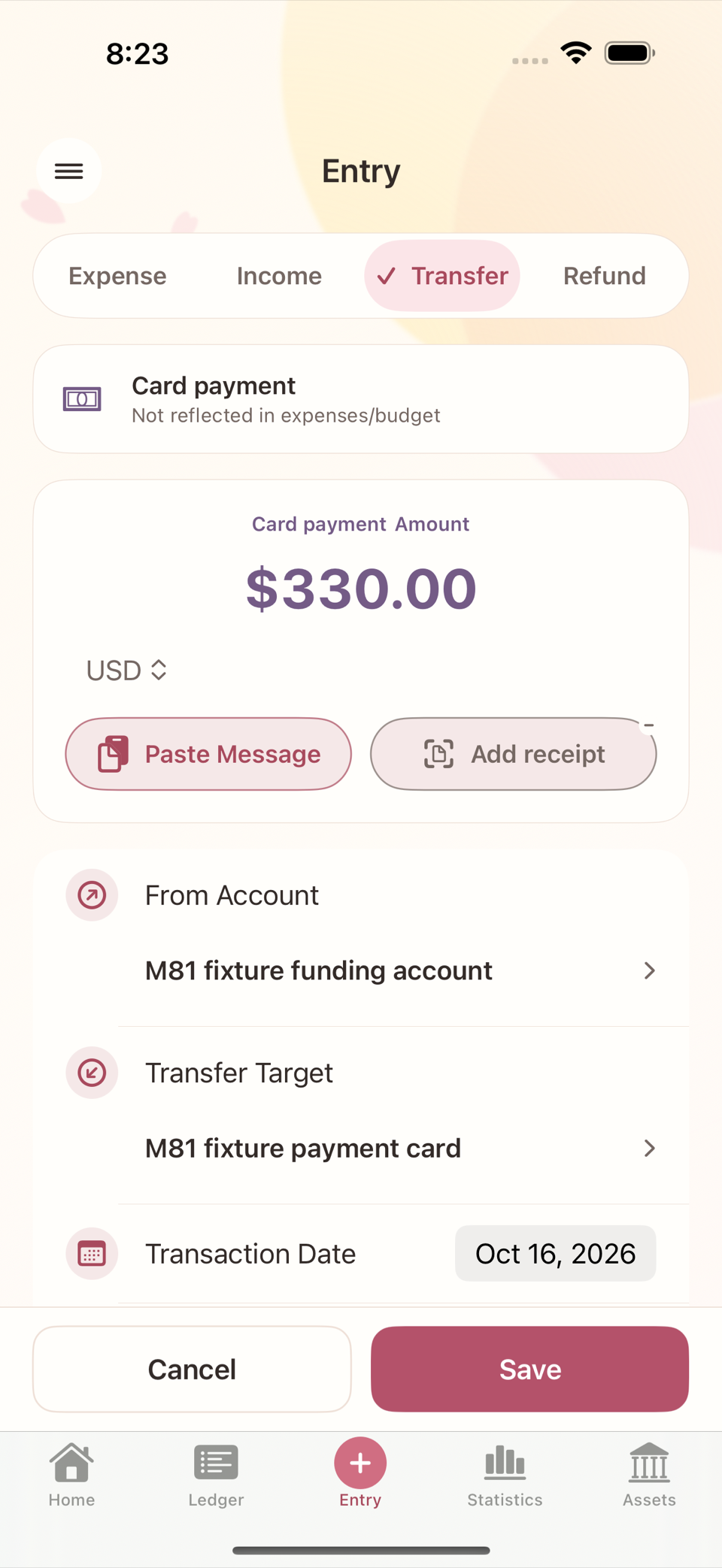 The card payment notice banner after choosing a credit card as the transfer target