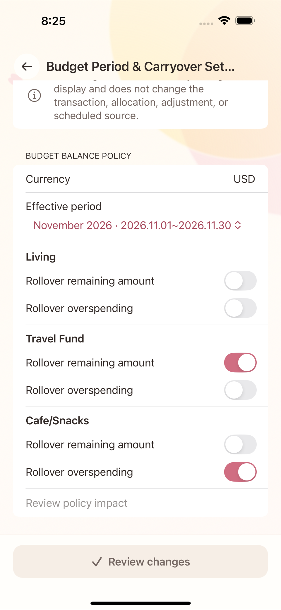 The per-group Rollover remaining amount and Rollover overspending switches on the Budget Period & Carryover screen
