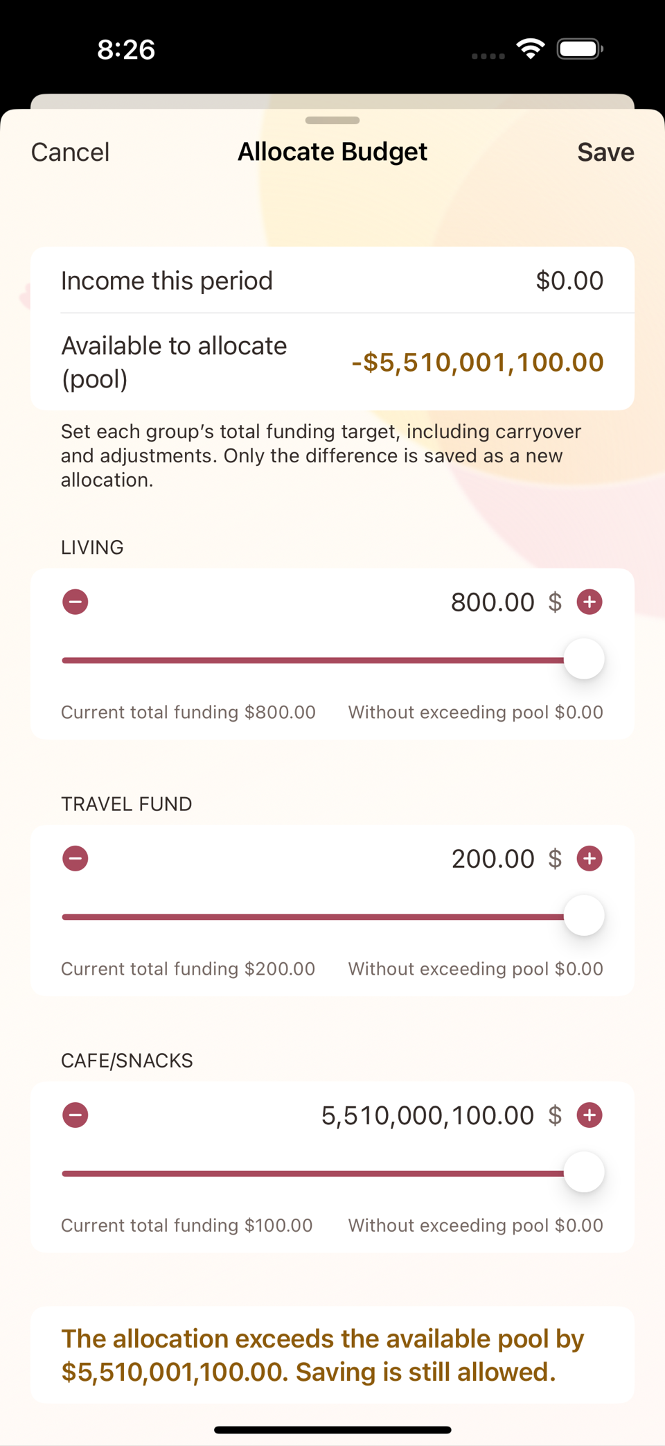The Cafe/Snacks carryover and target on the Allocate Budget screen