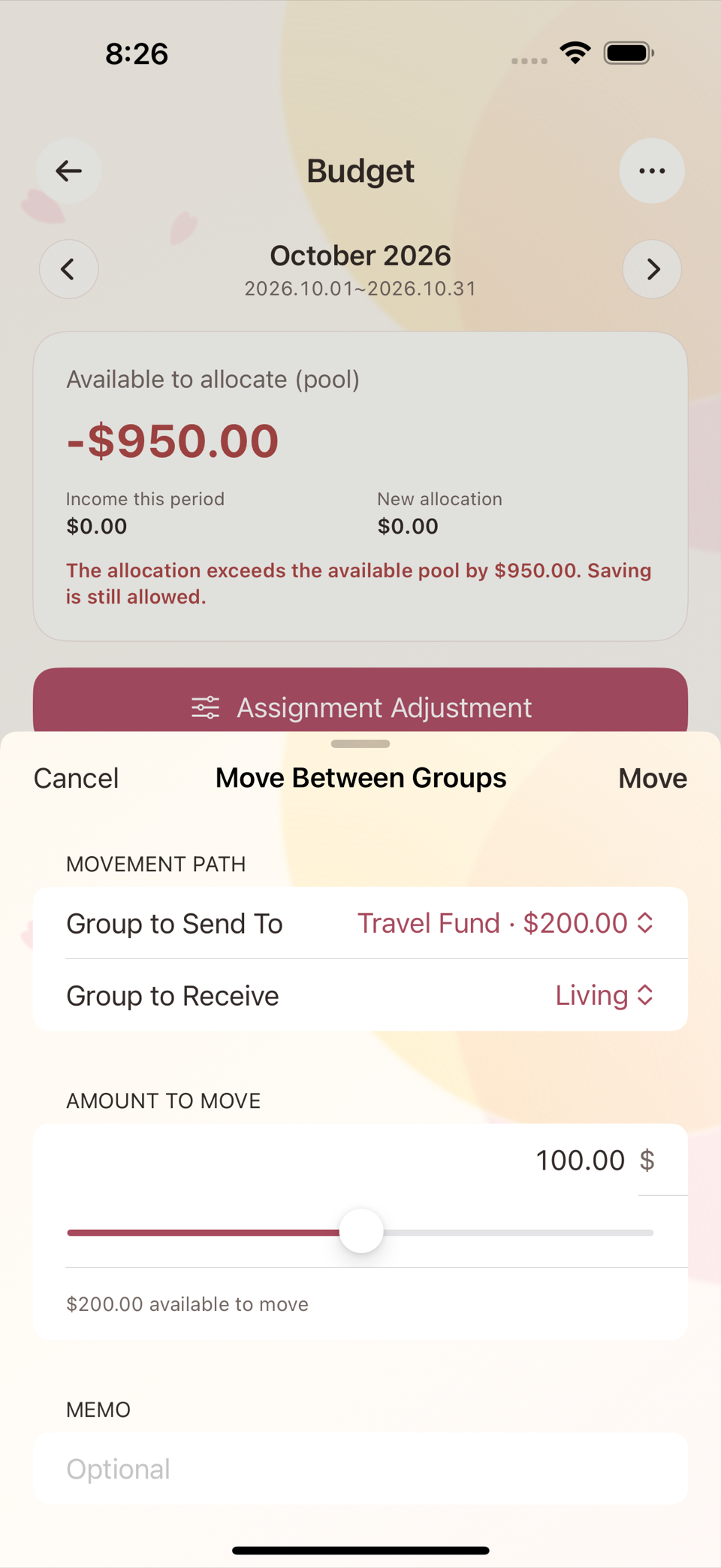 The Move Between Groups screen — source group, destination group, and amount