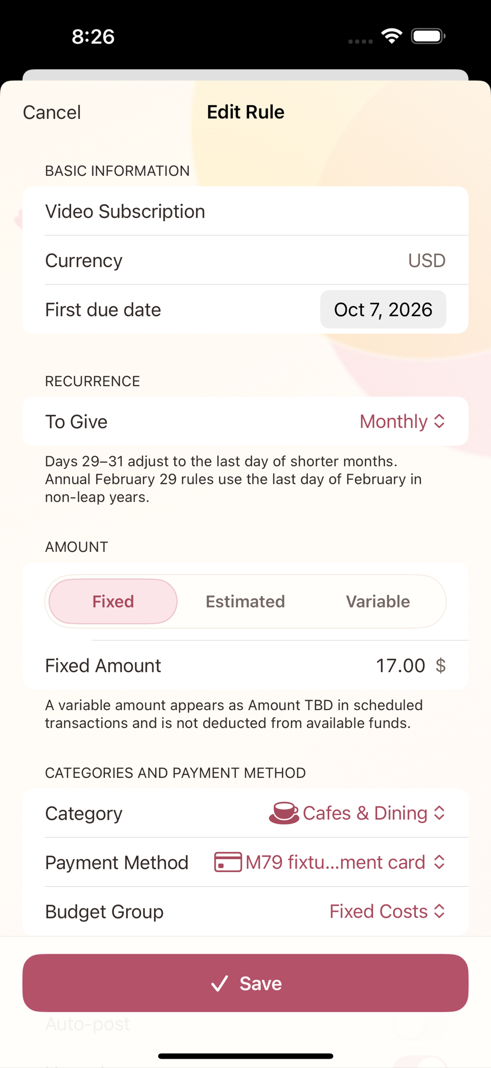 The add/edit recurring rule screen