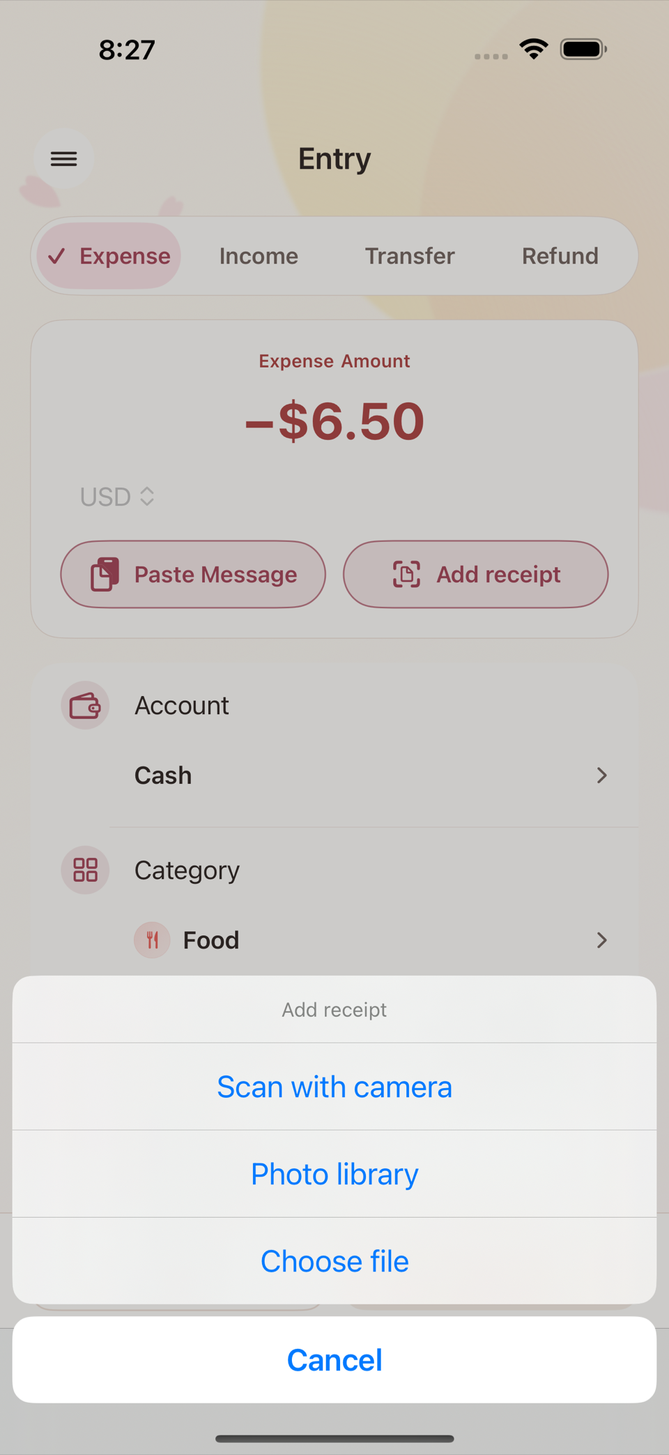 The Add receipt button and its options on the entry screen