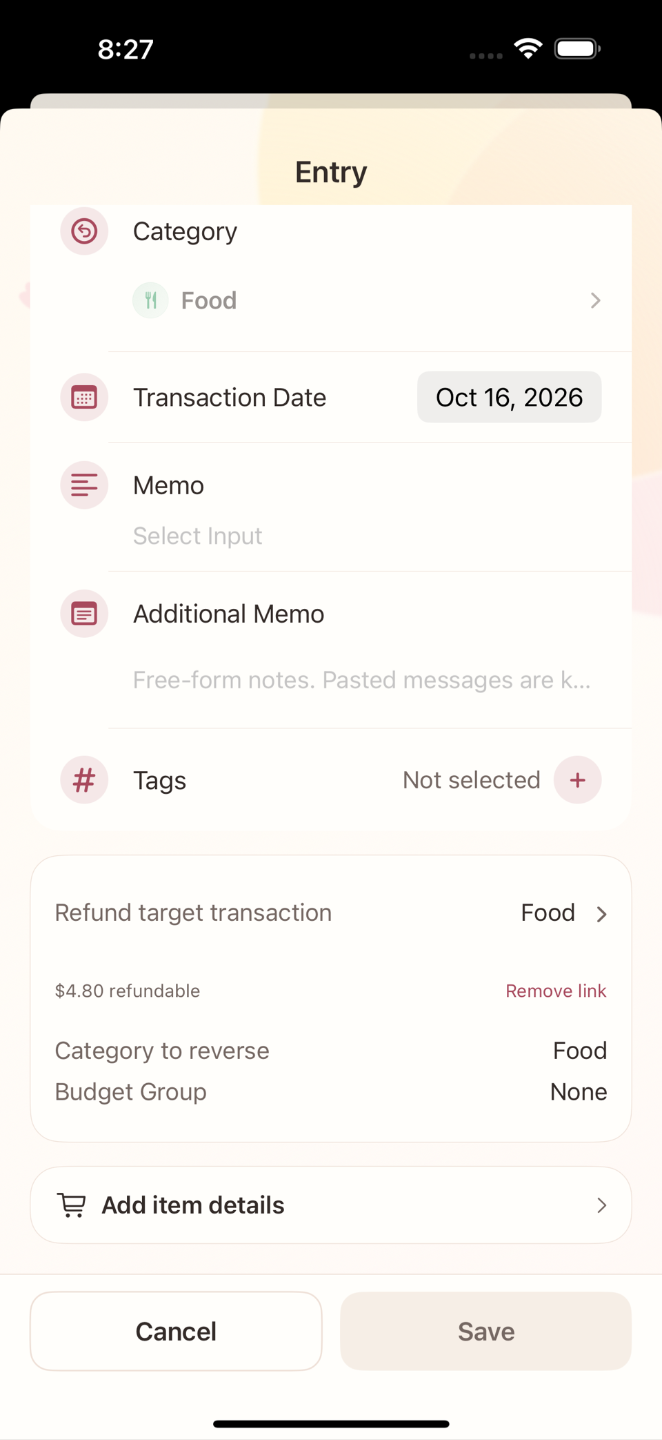 The Item details screen