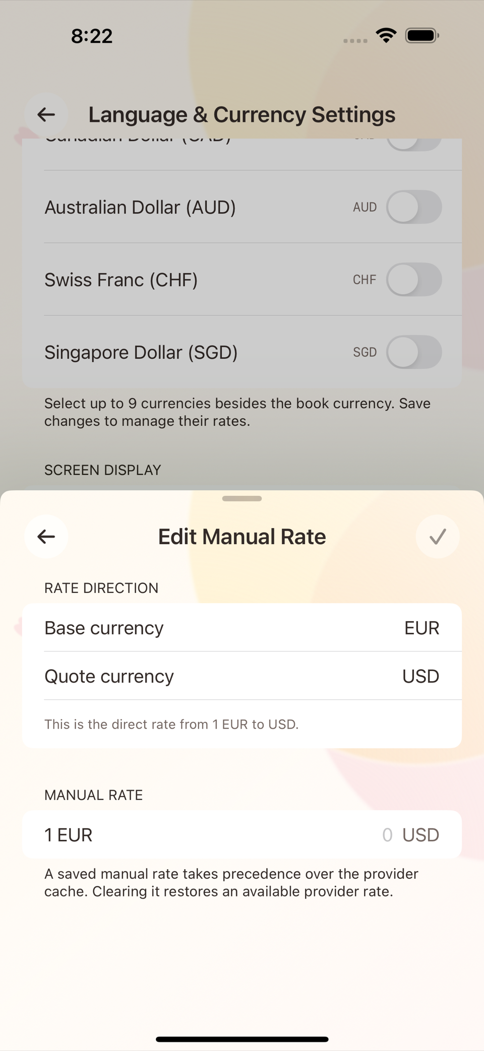 The Edit Manual Rate screen and the notice shown when an automatic refresh fails