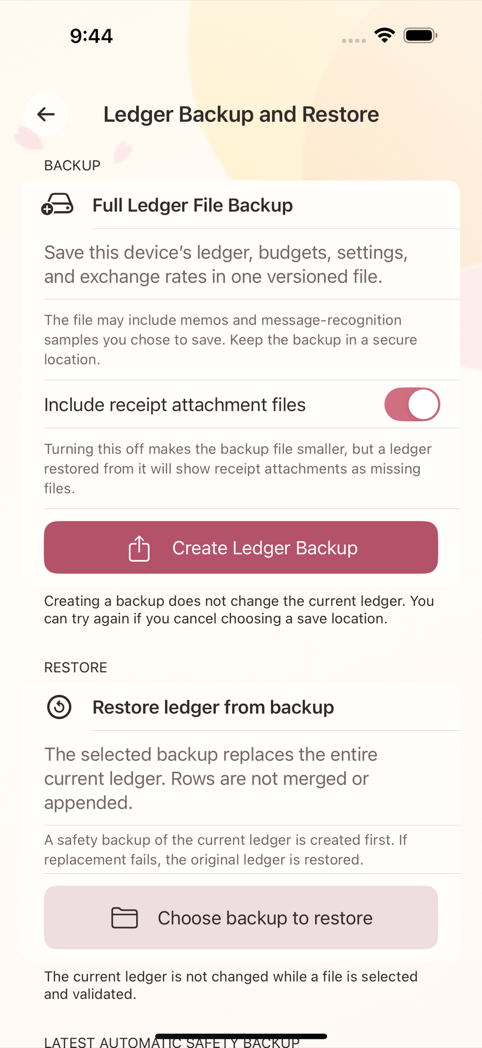 Creating a ledger backup