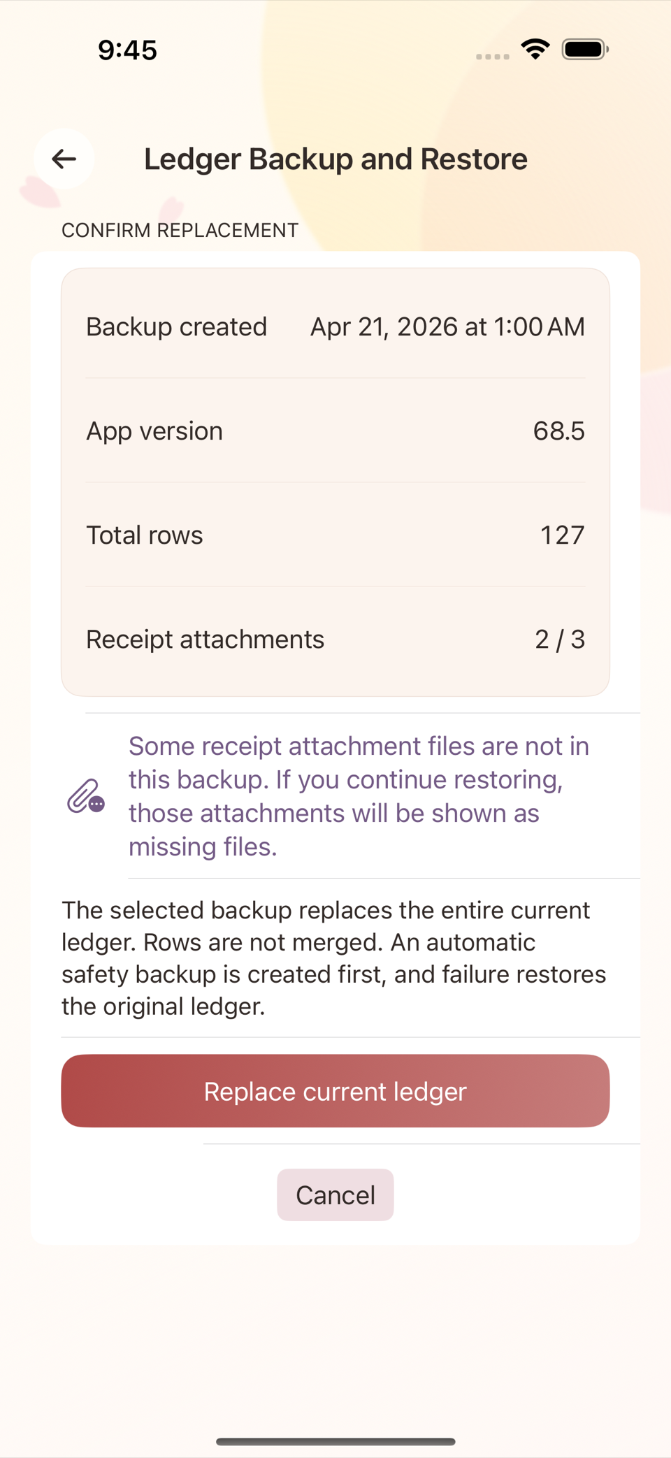 Backup restore confirmation