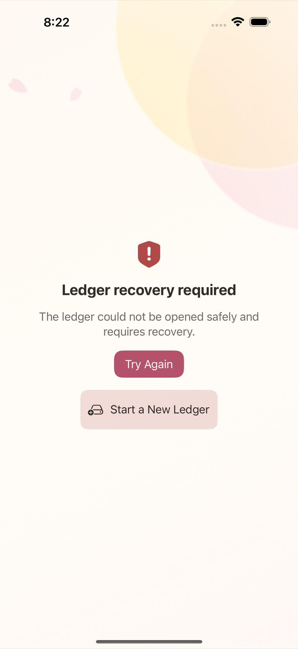 The retry and start-a-new-ledger buttons on the recovery screen