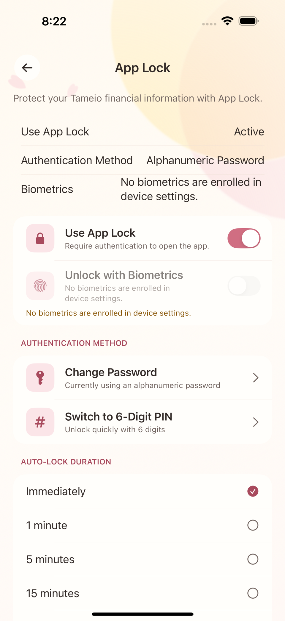 The App Lock screen — the use switch and the authentication method