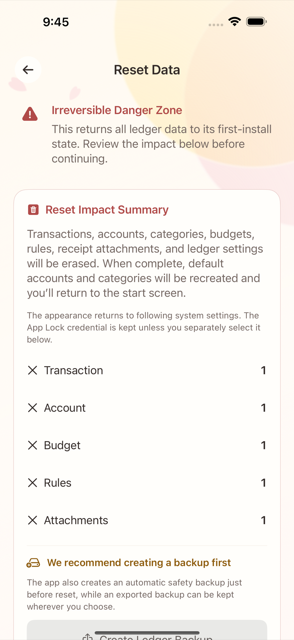 Reset Data confirmation